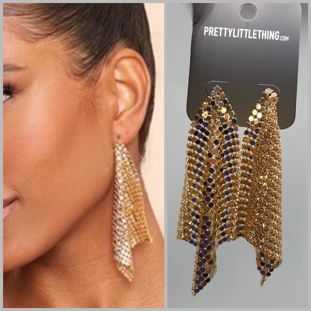 PrettyLittleThing Elegant Gold Chainmail Statement Dangle Earrings